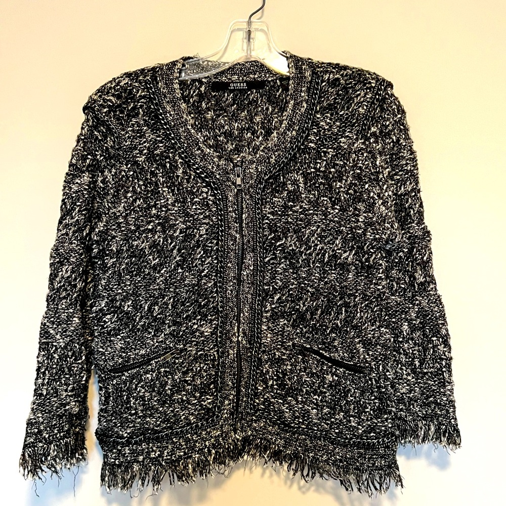 Size S Guess black/gray crochet crop jacket.